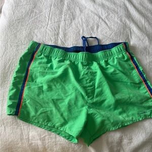 Green Swim Shorts with Blue and Red Accents